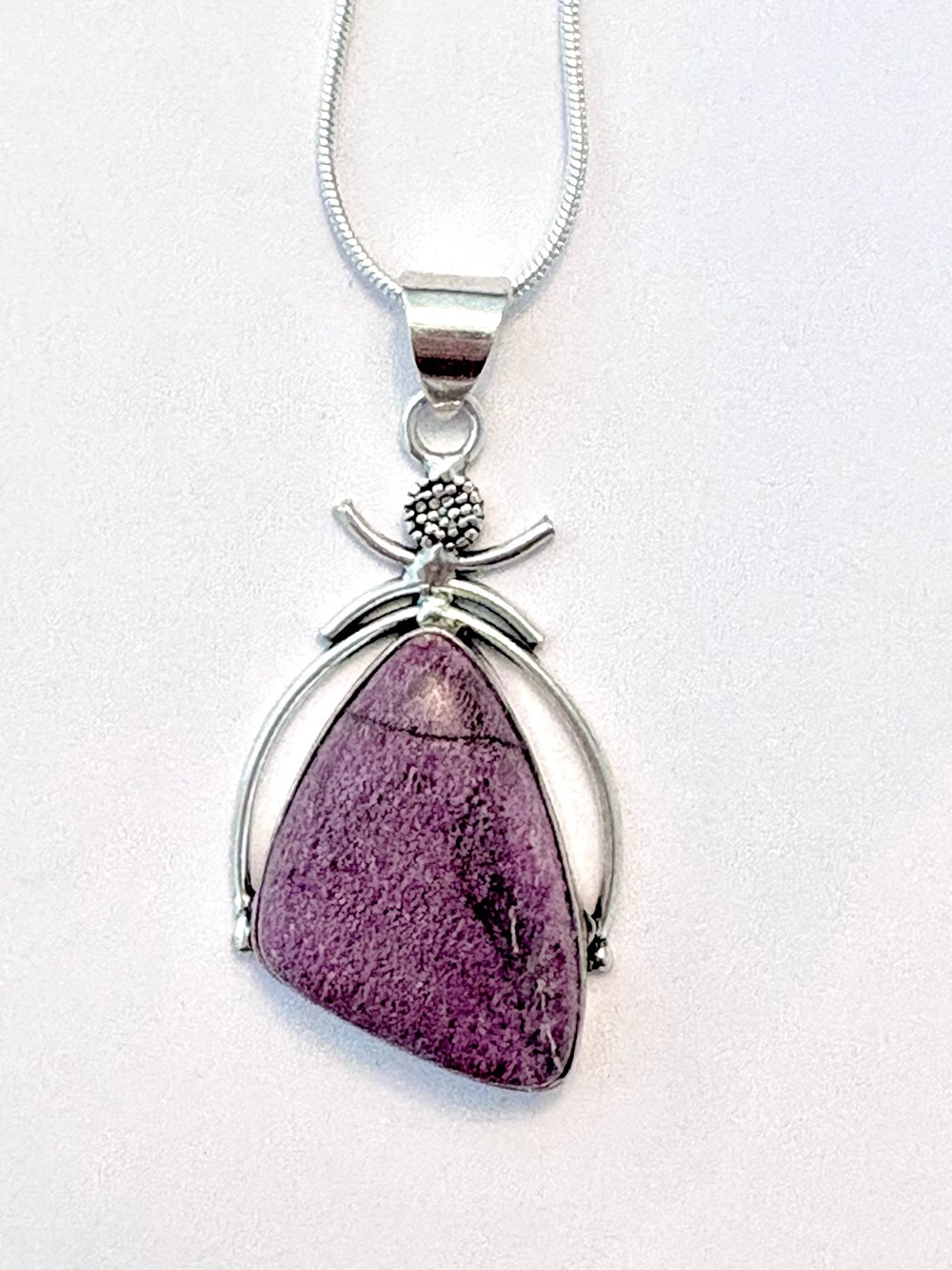 Beautiful, 1 1/2 inch, 925 marked, Purpurite, pendant on a silver chain.